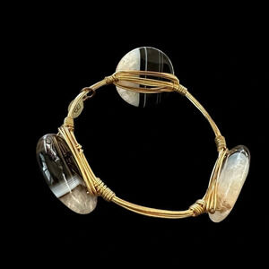 Bourbon & Bow ties Gold Tone Wire Wrapped Natural Stone Bangle Bracelet Brown